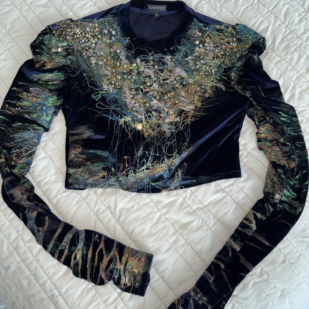 Embellished Velvet Long Sleeve Top
